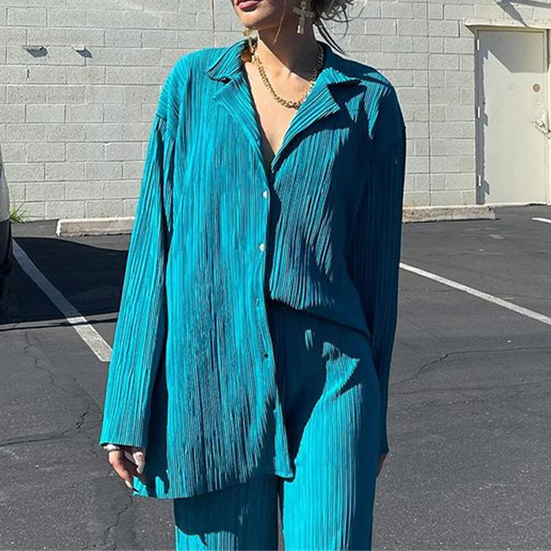 Causal Set Loose Button-Down Shirt and Pleated Wide Leg Pants