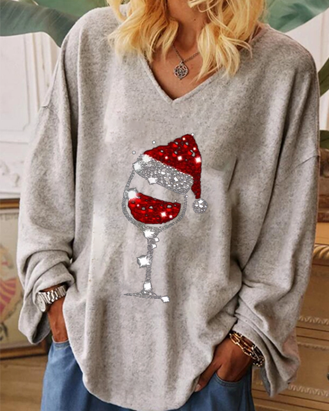 Ladies Christmas wine glass print shirt