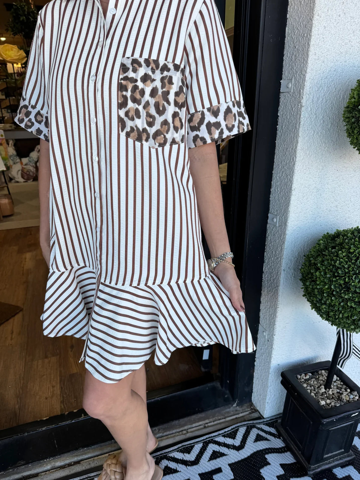 Women's Striped Animal Print Contrast Button Down Dress