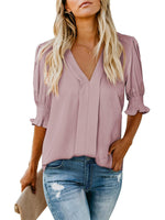 Women's Solid Casual V Neck Puff Sleeve Shirts