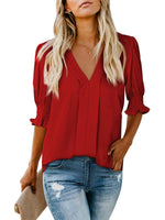 Women's Solid Casual V Neck Puff Sleeve Shirts