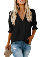 Women's Solid Casual V Neck Puff Sleeve Shirts