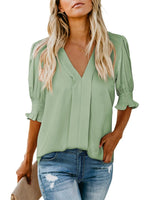 Women's Solid Casual V Neck Puff Sleeve Shirts