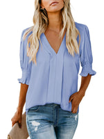 Women's Solid Casual V Neck Puff Sleeve Shirts