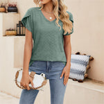 Solid color V-neck tile sleeve short-sleeved T-shirt