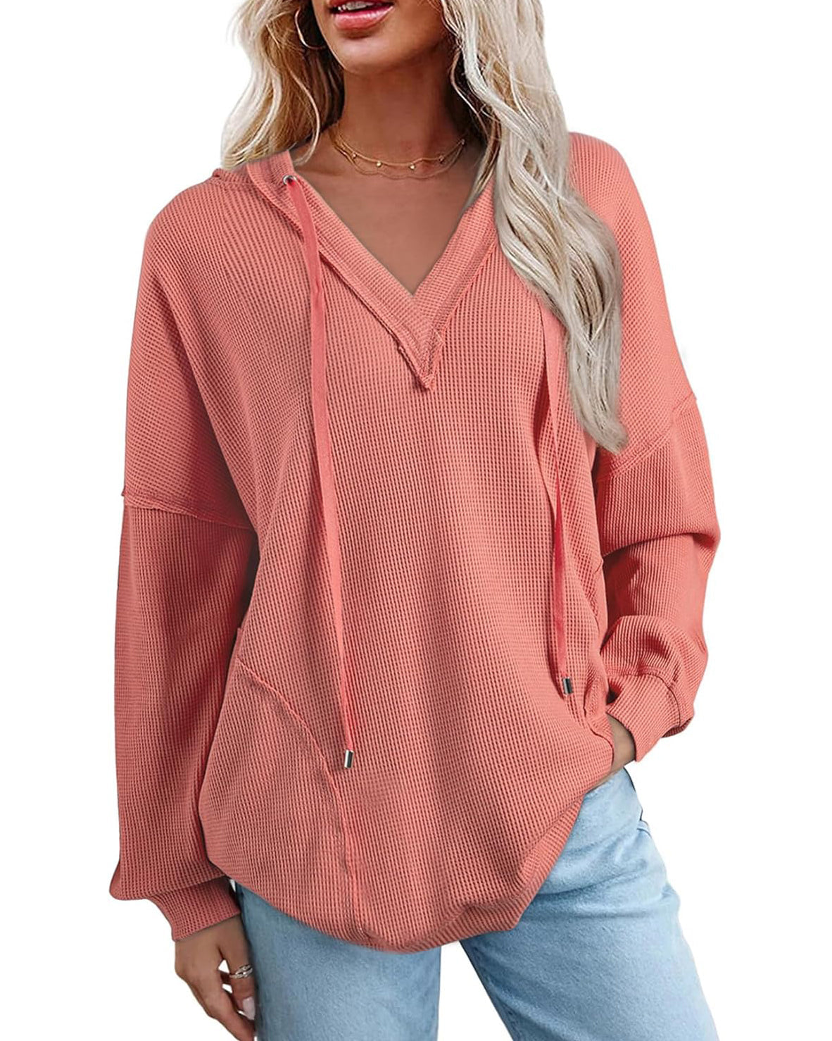 Women's Drawstring V Neck Waffle Hoodie