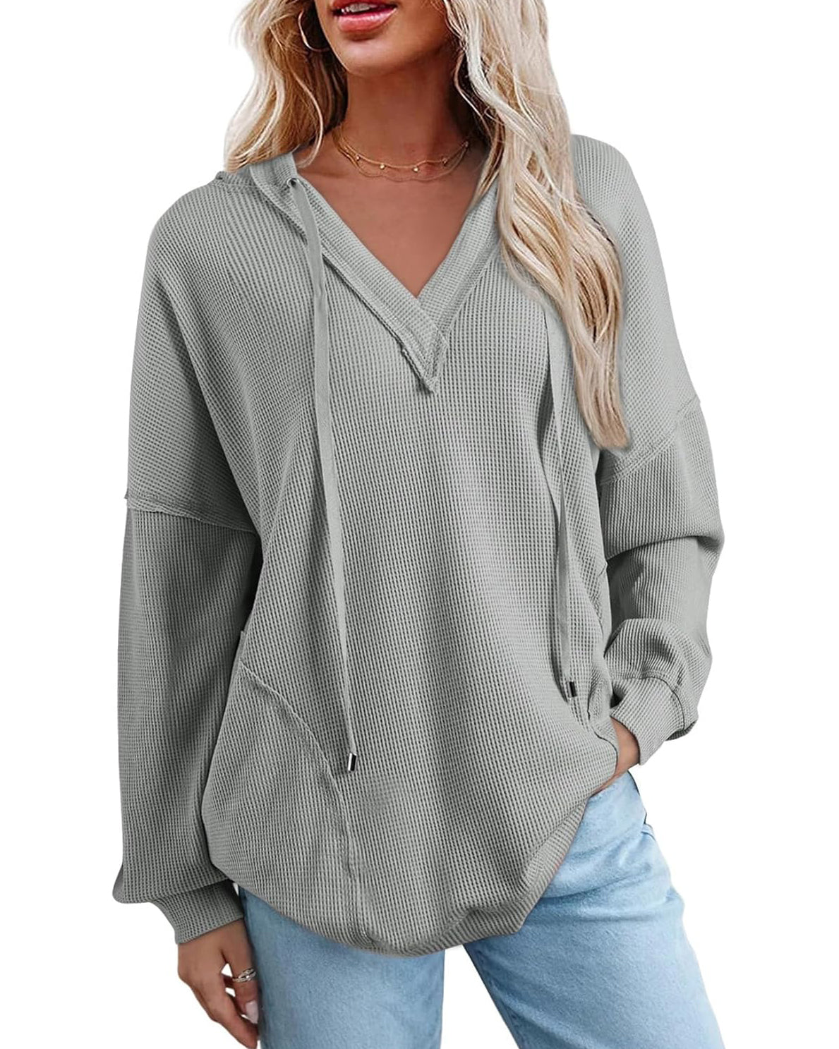 Women's Drawstring V Neck Waffle Hoodie
