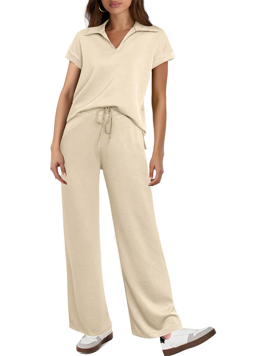 Women's Short Sleeve Top and Drawsting Wide Leg Pants 2 Piece Set