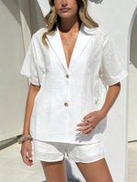 Women's Lapel V-Neck Button Front Casual Top & Shorts Set