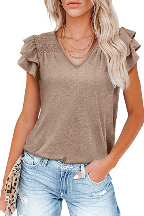 Solid Color V-neck Ruffle Short Sleeve
