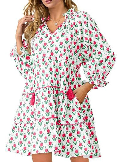 Women's Floral Ruffle V Neck Boho Babydoll Dresses with Pockets