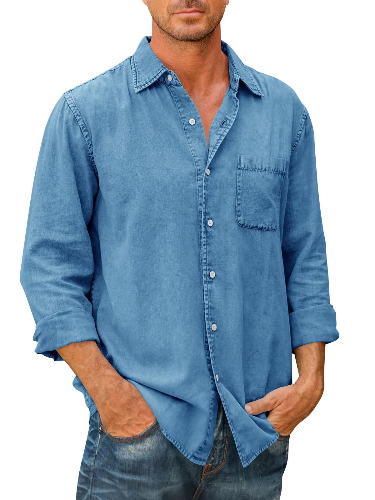 ??Men's Denim Long Sleeve Button Down Shirt