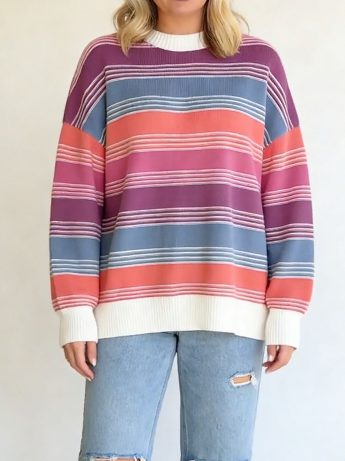Women'S Colorful Striped Crew Neck Sweater