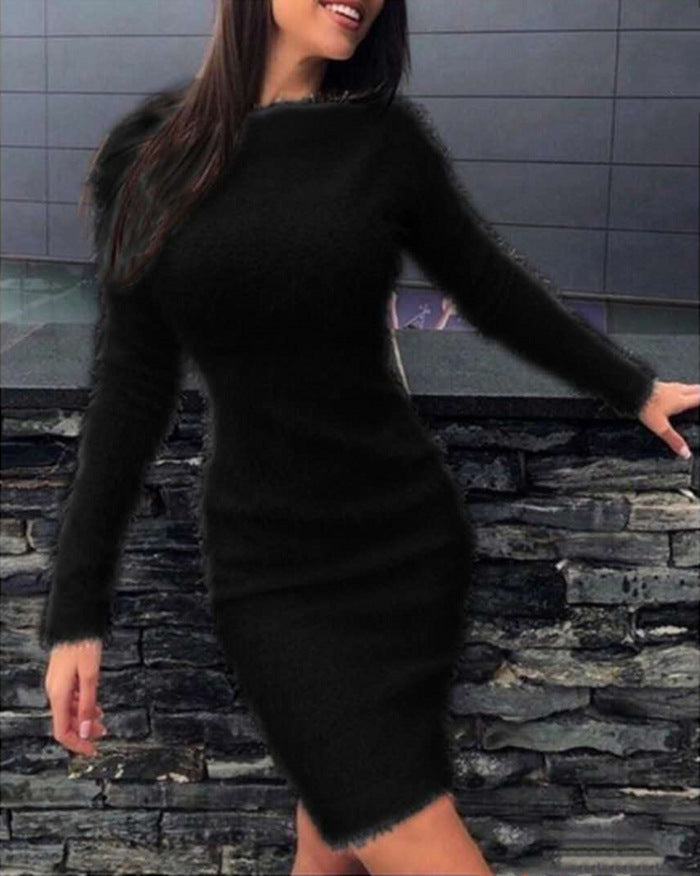 Women's Fashion Plush Sexy Waist Hugging Long-Sleeved Dress