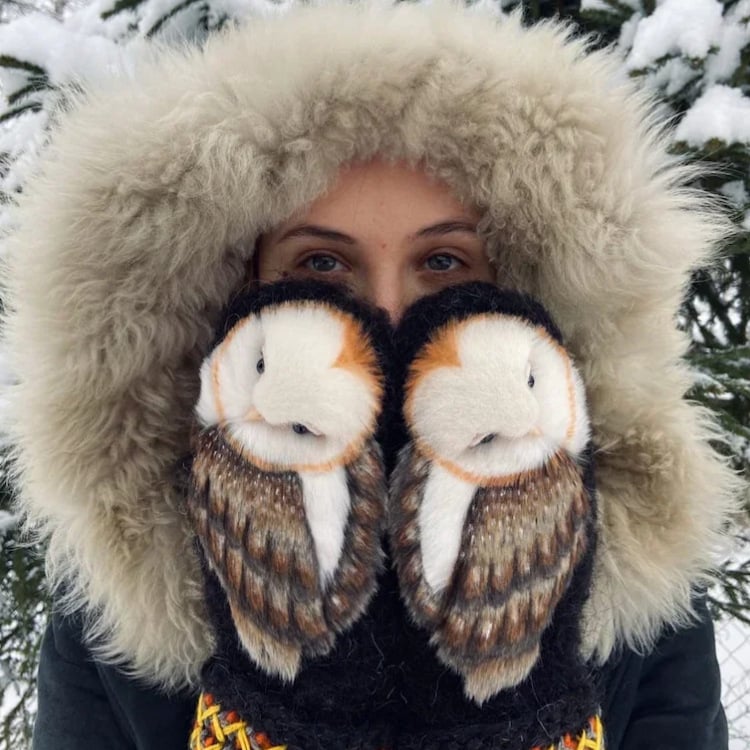 Hand Knitted Wool Nordic Mittens With Owls