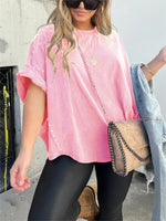 Washed Roll Sleeve Studded Oversized Short Sleeve Top