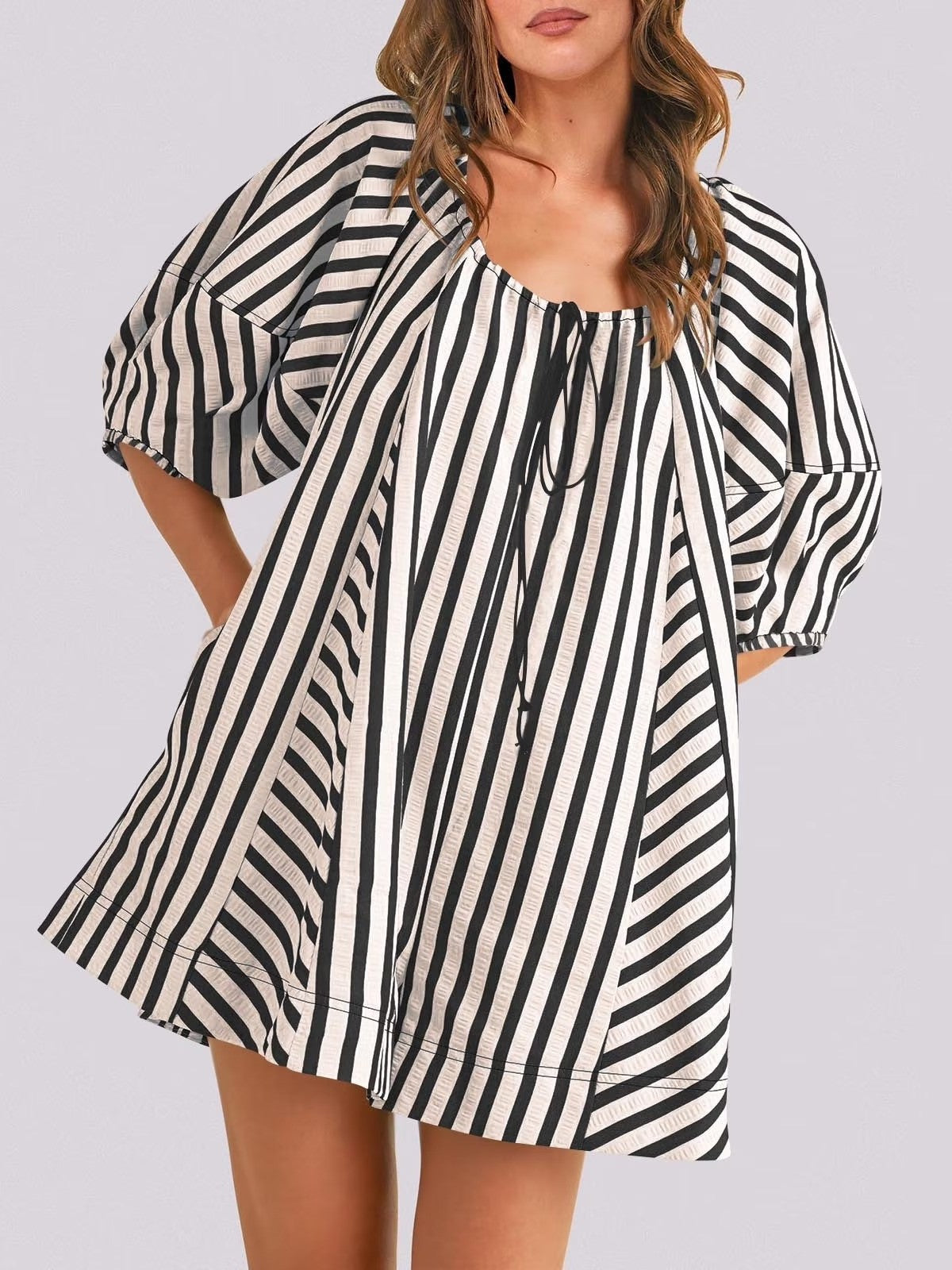 Women's Casual Loose Puff Sleeve Striped Romper