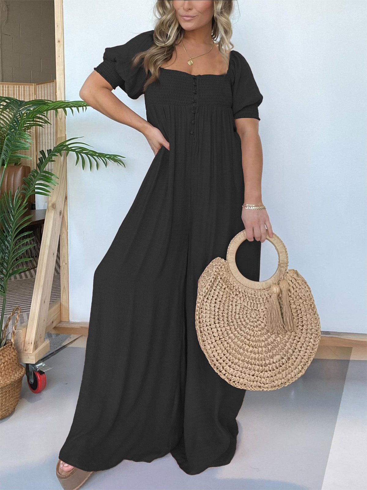 Women's Square Neckline Jumpsuit with Smocked Bodice Button
