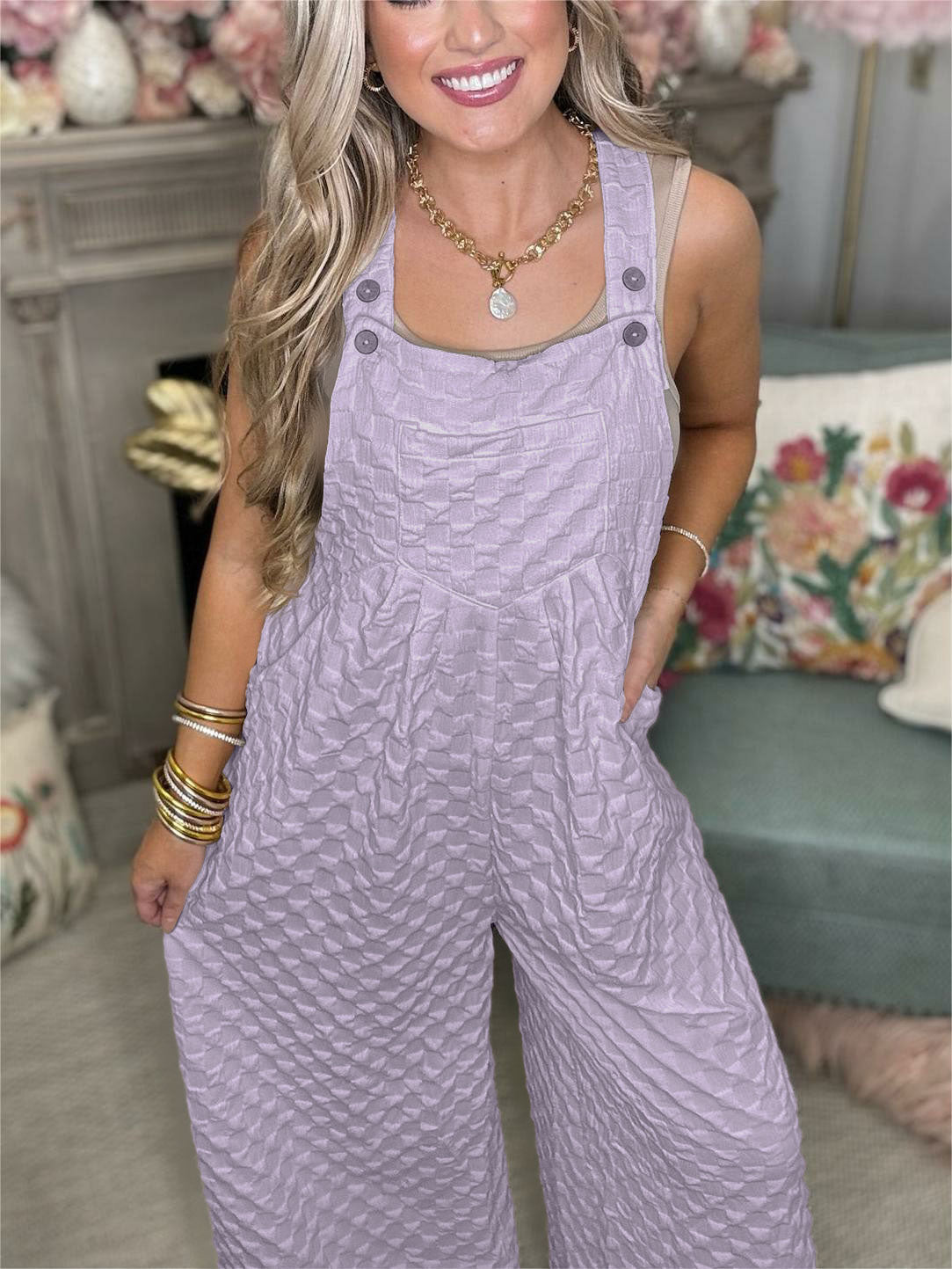 Women's Checker Detail Wide Leg Overalls