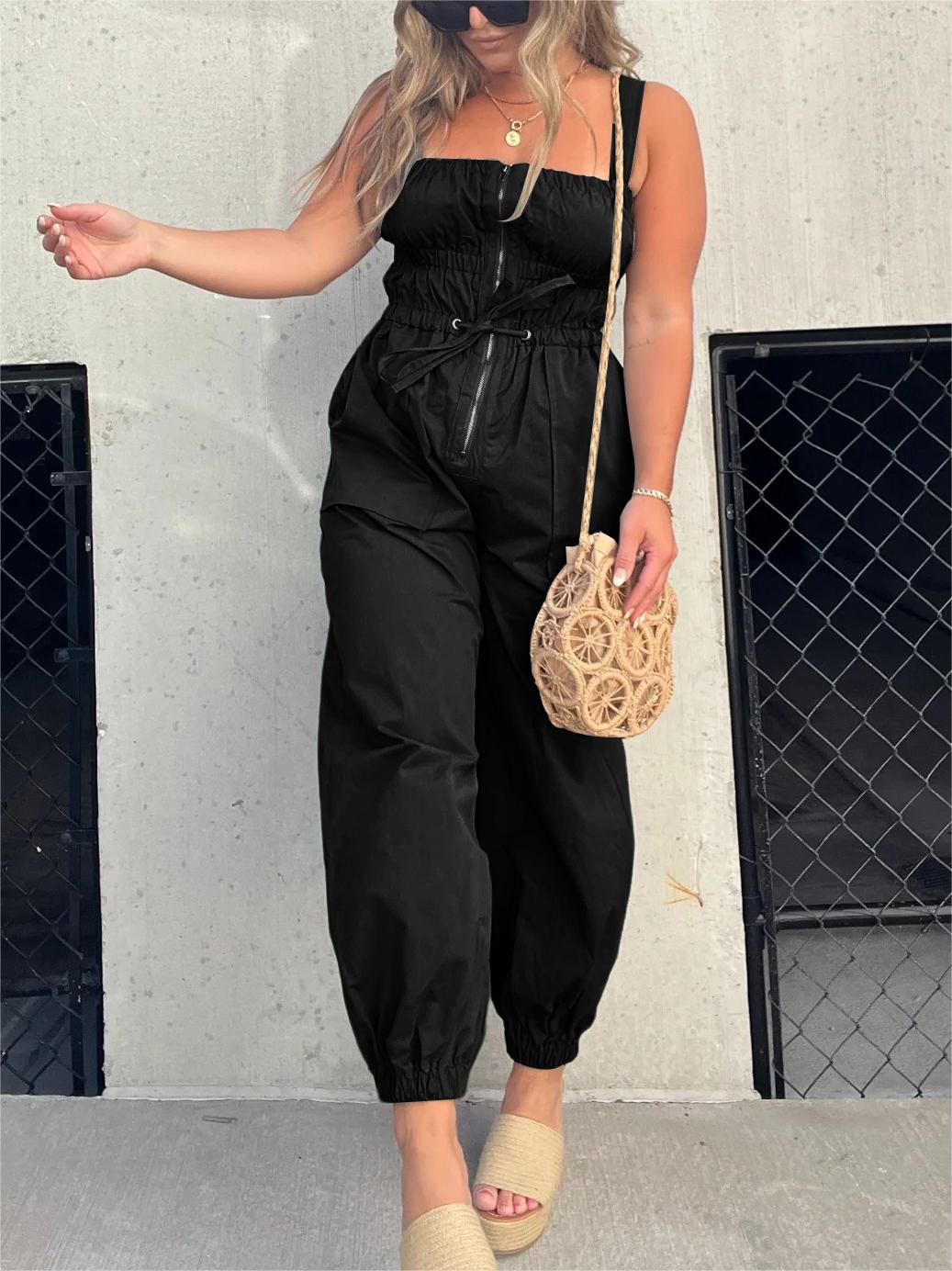 Loose Pleated Elasticated Front Zip Drawstring Jumpsuit