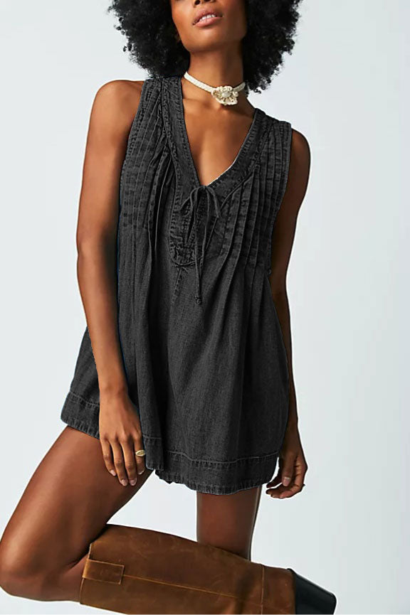 Women's Denim Pleated Romper
