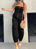 Ruched Elastic Front Zipper Cargo Jumpsuit