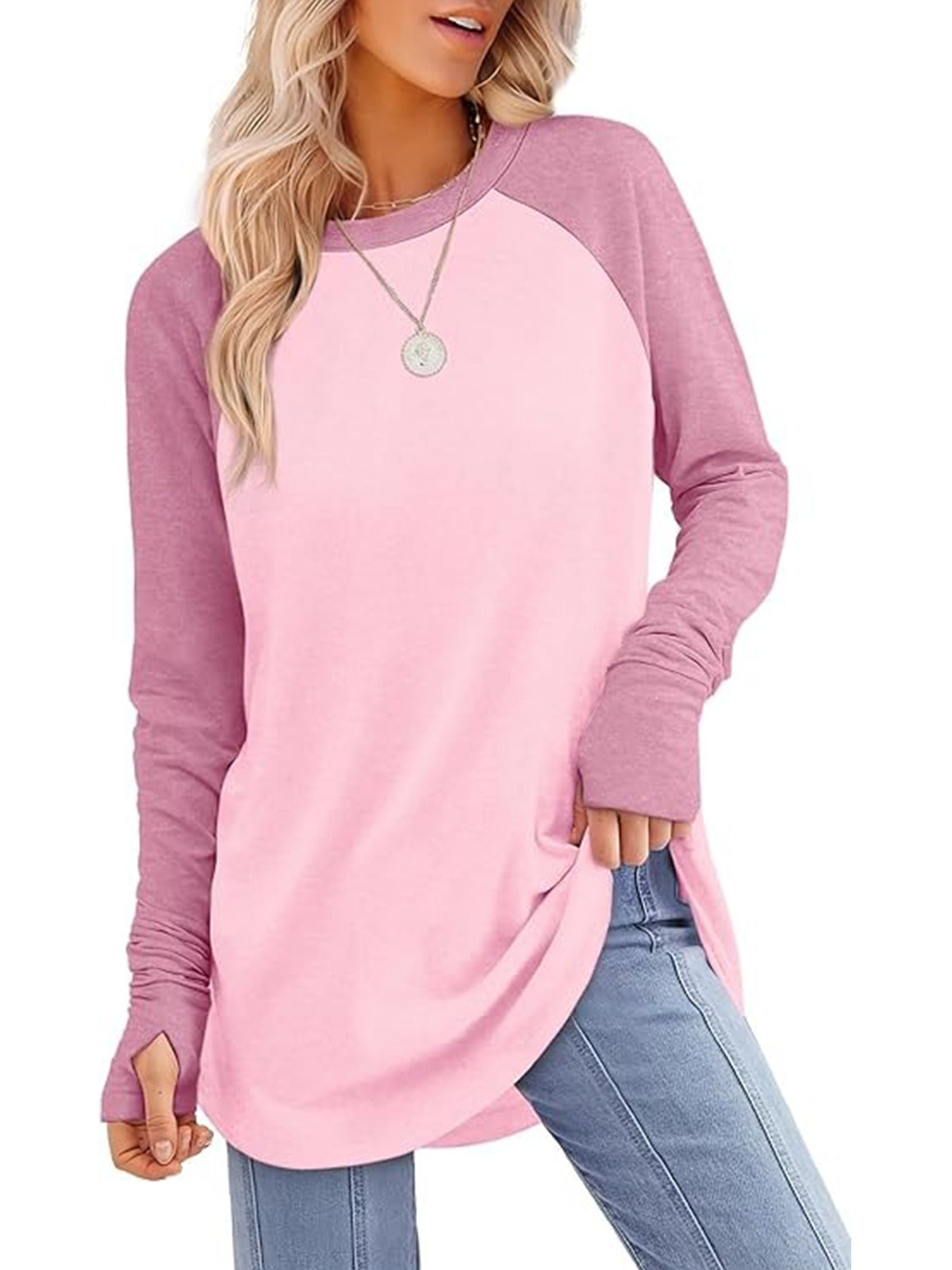 Women's Tunic Curved Hem Thumb Hole Shirts