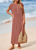 Women's Ribbed Henley Button Up Split Long Dress