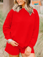 Women's Textured Long Sleeves Drawstring Shorts Set