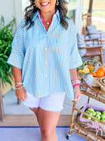 Women's Striped Button Shirt Side Slit Hem Swing Top