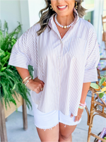 Women's Striped Button Shirt Side Slit Hem Swing Top