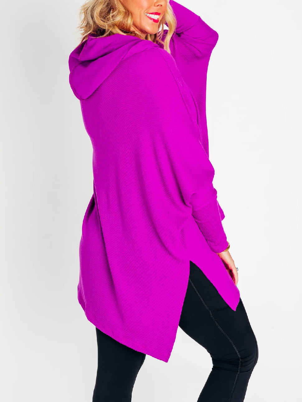 Women's Oversized Bat Sleeve Ribbed Hooded Pullover