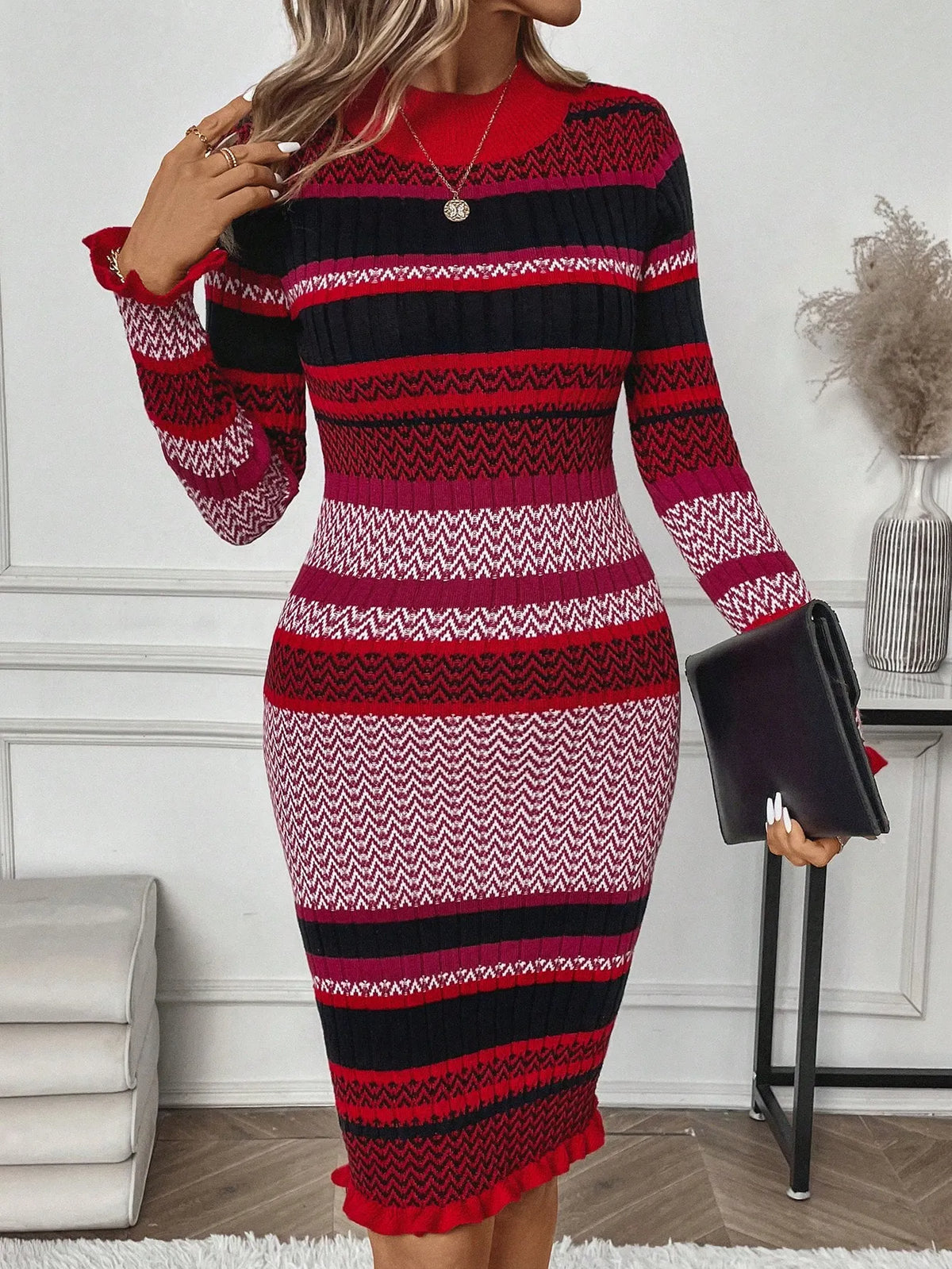Valentine Striped Bodycon Women Sweater Dress