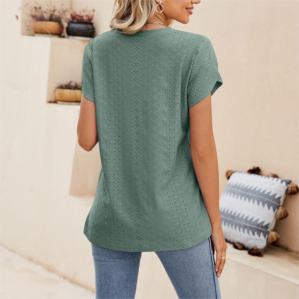 Solid color V-neck tile sleeve short-sleeved T-shirt