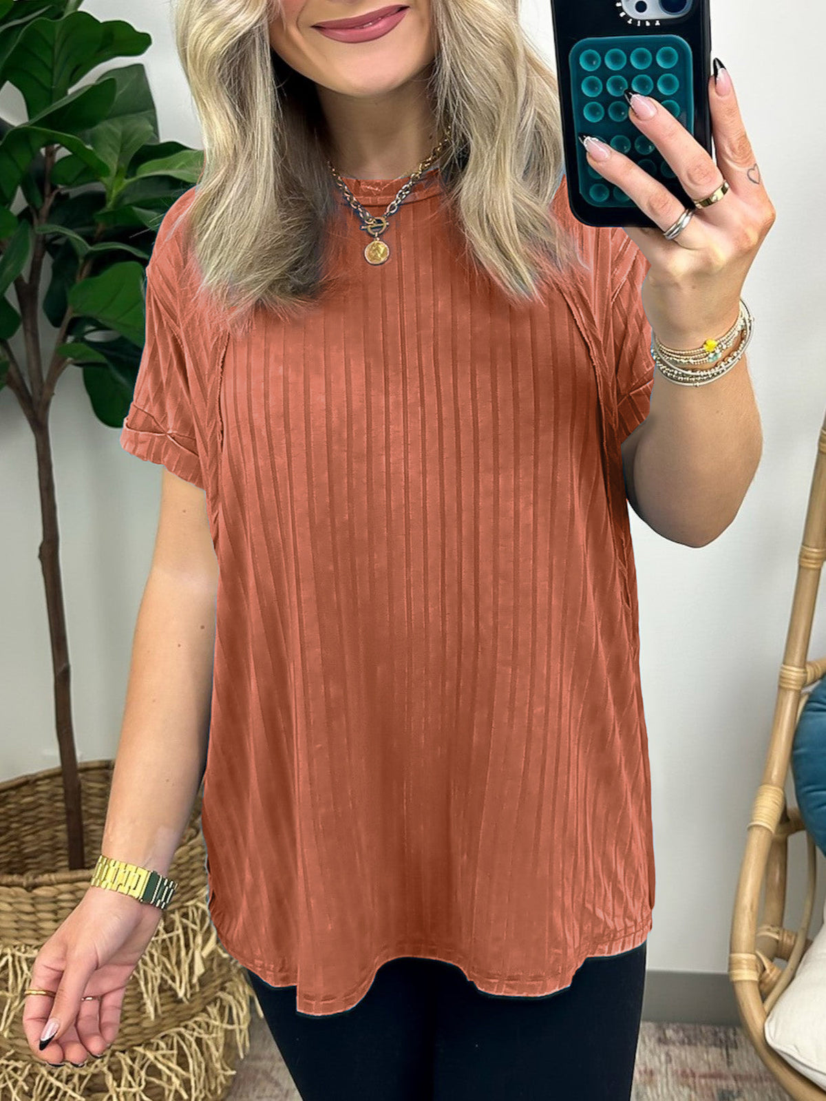 Washed Ribbed Plunger Short Sleeve
