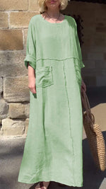 Round Neck Cotton and Linen Long Sleeve Casual Dress