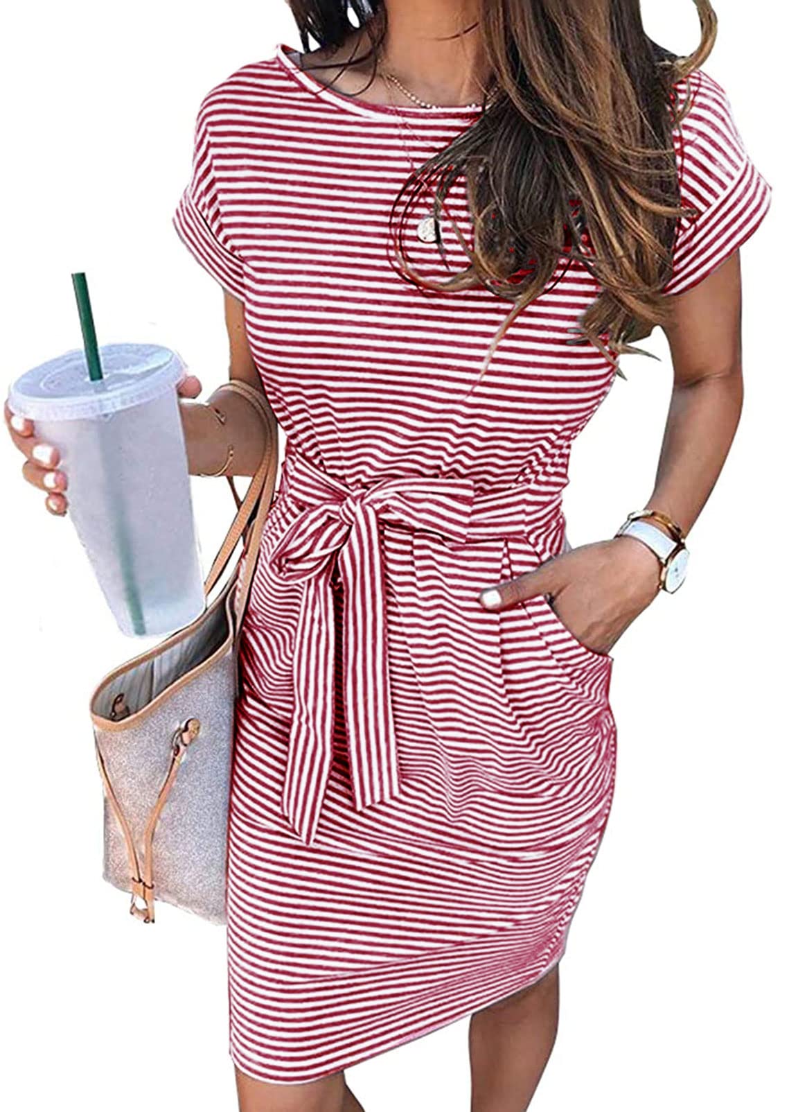 Women's Short Sleeve Striped Tie Waist T-Shirt Dress