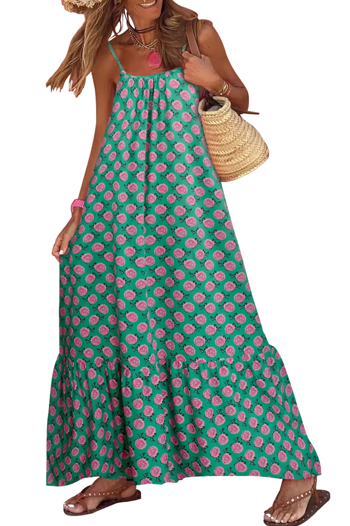 Women's Spaghetti Strap Ruffled Bohe Maxi Dress