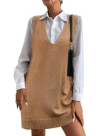 Women's V-Neck Sweater Vest Dress with Pockets