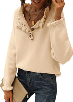 Women's Casual Knitted Button Ruffle Pullover Sweater