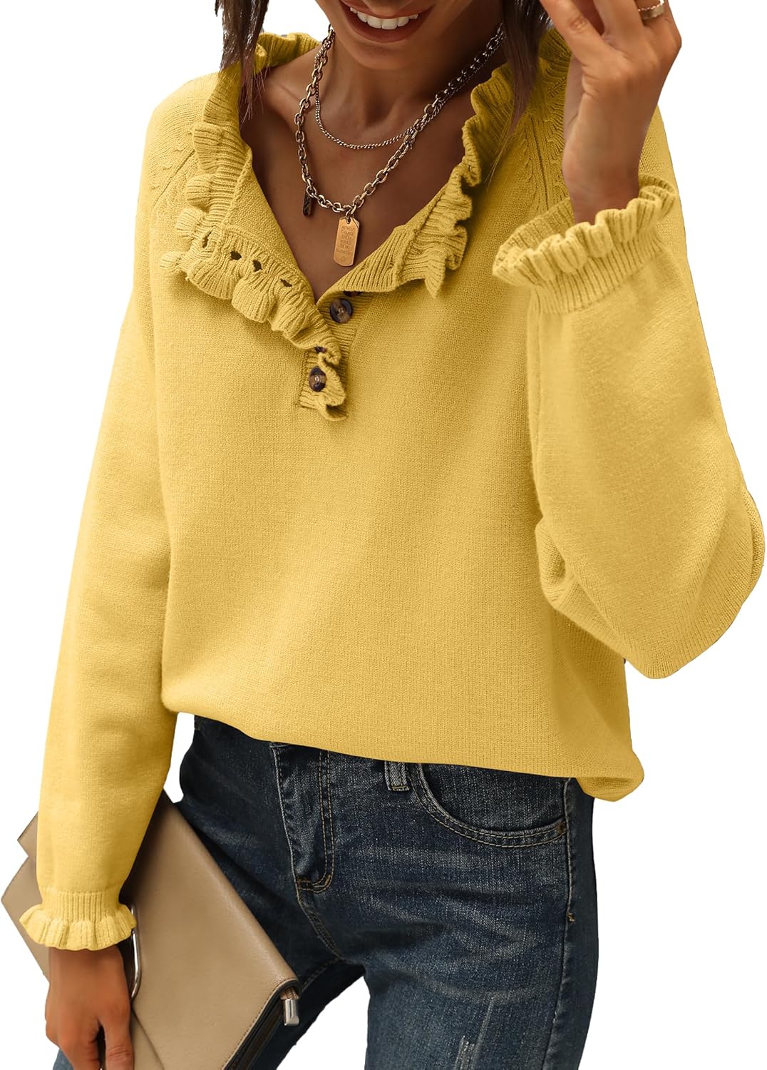 Women's Casual Knitted Button Ruffle Pullover Sweater