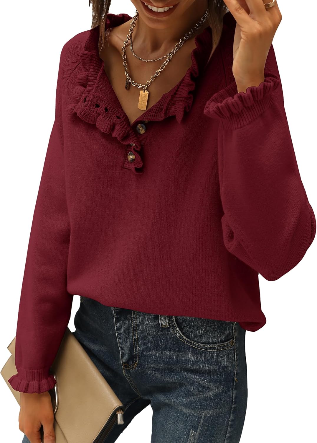 Women's Casual Knitted Button Ruffle Pullover Sweater