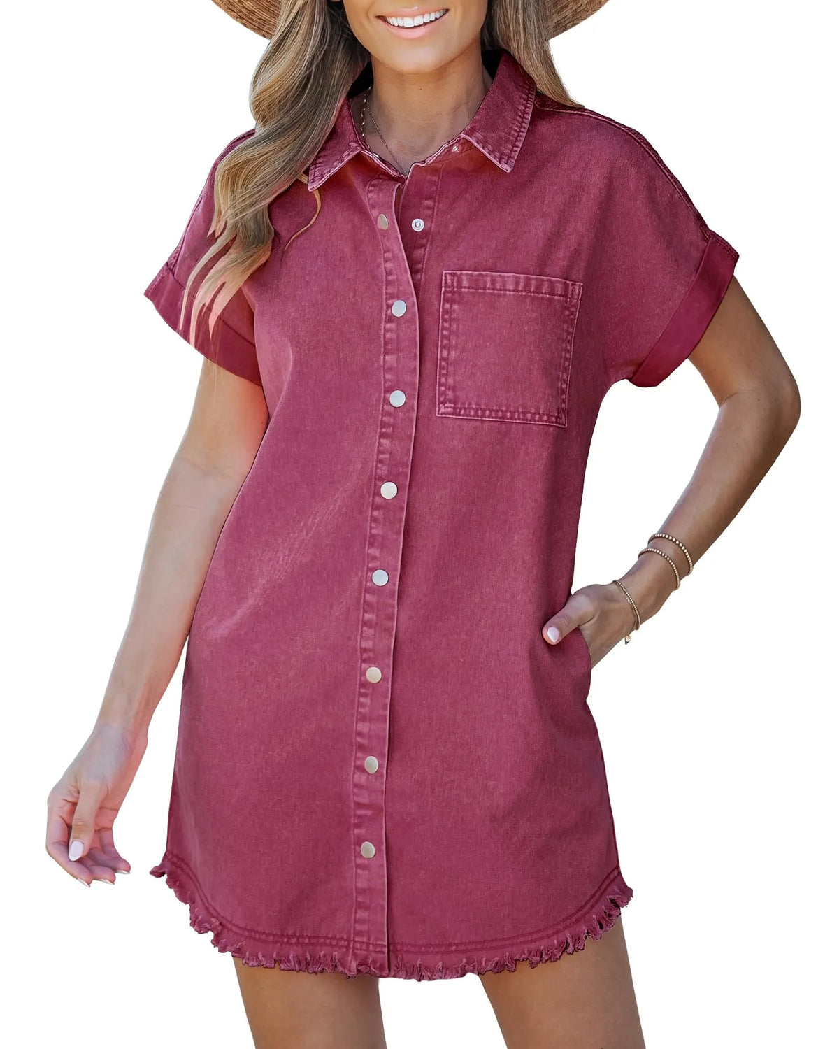 Women's Button Down Raw Edge Denim Shirt Dress