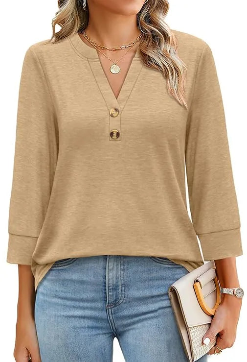 Women's 3/4 Sleeve Button V Neck Tops