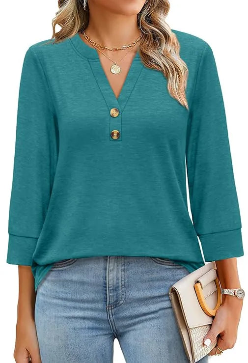 Women's 3/4 Sleeve Button V Neck Tops