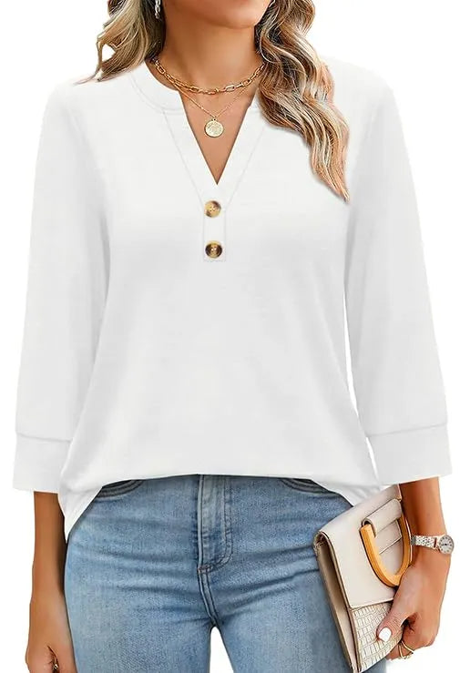 Women's 3/4 Sleeve Button V Neck Tops
