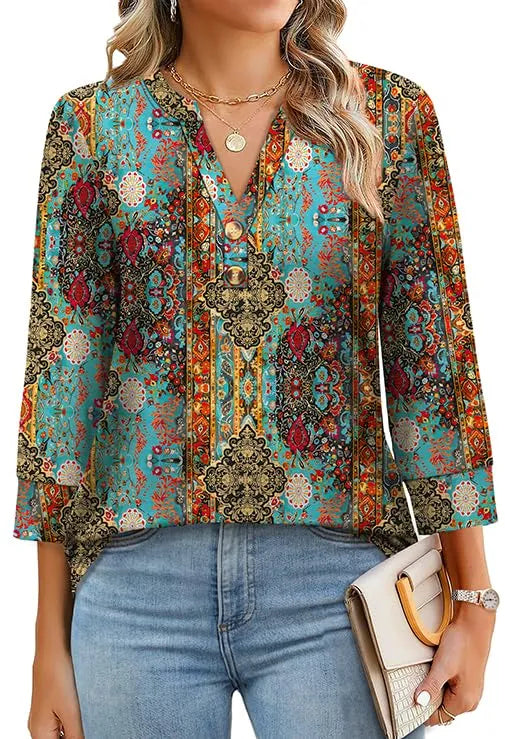 Women's 3/4 Sleeve Button V Neck Tops