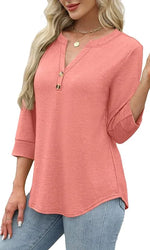 Women's 3/4 Sleeve Button V Neck Tops