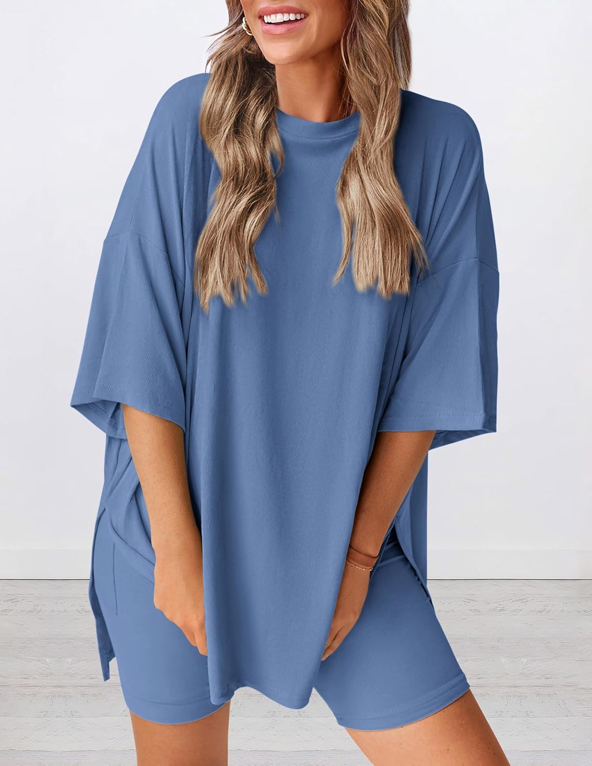 Women's Round Neck Side Slit Short Sleeve Top Tight Shorts Set