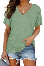 Women's Loose Fit Short Sleeve V Neck Shirts with Side Shirring